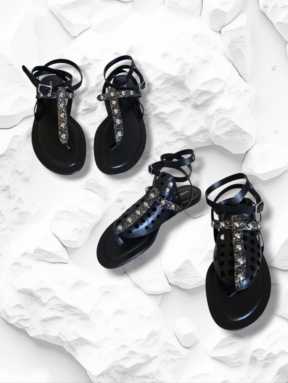 Andrea Morando Women's Black Leather Studded Gladiator Sandals